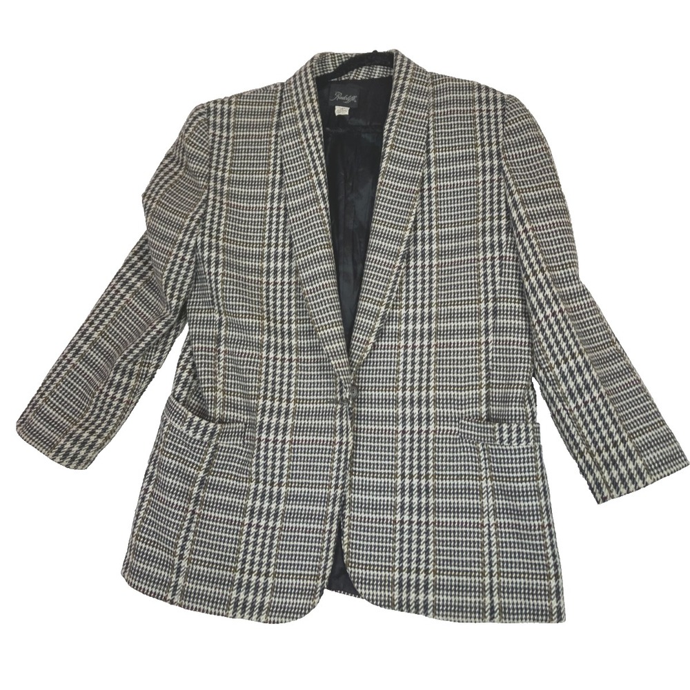 Vintage 1990's RADCLIFFE Size‎ 16 Wool Blend Black White Red Houndstooth Blazer